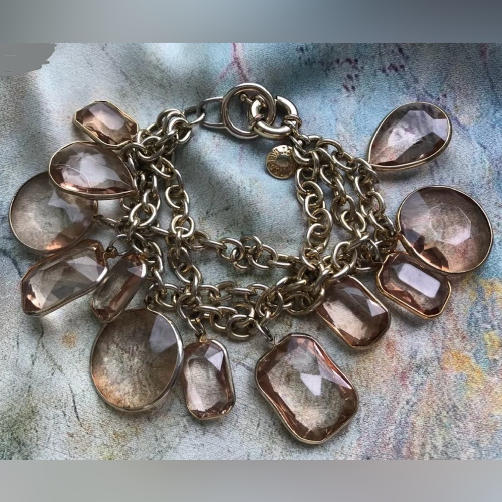 J.Crew Statement Bracelet w Gold Tone links & Blush Tone Jewel Bezel
